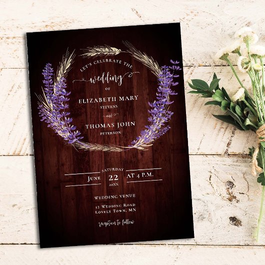 Rustic Lavender Wheat Wreath Wood Board Wedding Kaart
