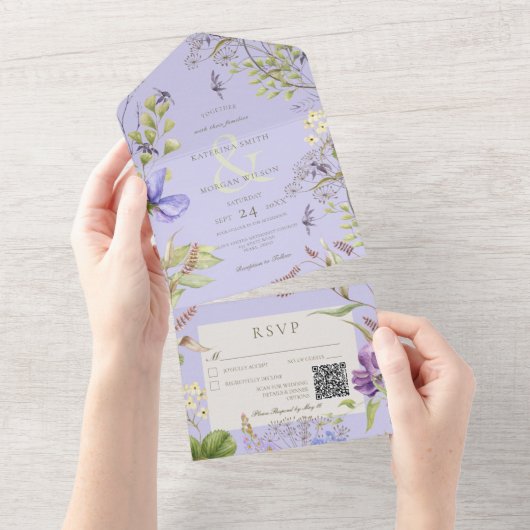 Rustic Lavender Wildbloemen Lavender QR Code All In One Uitnodiging (Afscheurbaar)