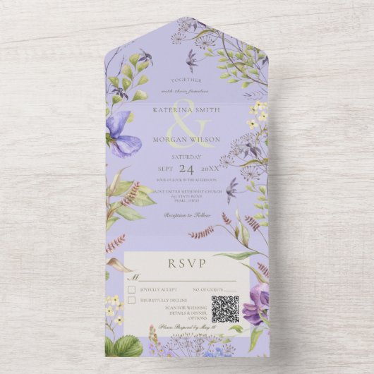 Rustic Lavender Wildbloemen Lavender QR Code All In One Uitnodiging (Binnen)