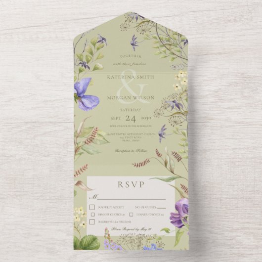 Rustic Lavender Wildbloemen Sage Green Dinner All In One Uitnodiging (Binnen)