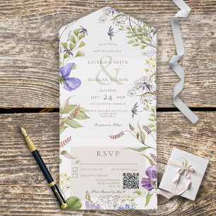 Rustic Lavender Wildbloemen Wit QR-code All In One Uitnodiging