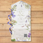 Rustic Lavender Wildbloemen Wit QR-code All In One Uitnodiging<br><div class="desc">VERKRIJGBAAR MET OF ZONDER QR-CODE OF MET OF ZONDER EETKEUZES. Geniet van de etherische schoonheid van uw trouwdag met onze betoverende uitnodigingen. Een delicaat doek van wit is versierd met een boeiende medley van lavendel, bleek blauw en witte wilde bloemen, sierlijk verweven met groen groen. Deze uitnodigingen zijn een bewijs...</div>