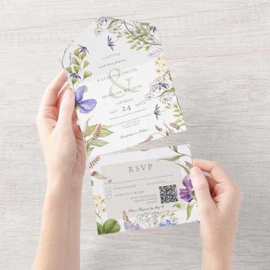 Rustic Lavender Wildbloemen Wit QR-code All In One Uitnodiging (Afscheurbaar)