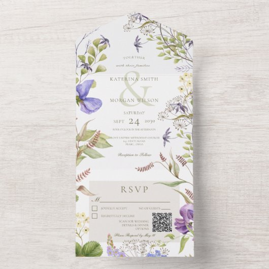 Rustic Lavender Wildbloemen Wit QR-code All In One Uitnodiging (Binnen)