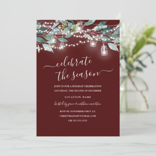 Rustic Leaf Lights Red Christmas Party Kaart (Staand voorkant)