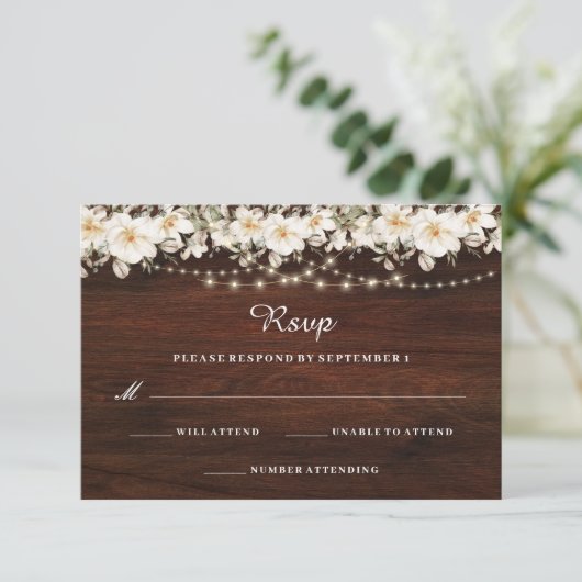 Rustic Leaf String Lights Hout Wedding RSVP (Staand voorkant)