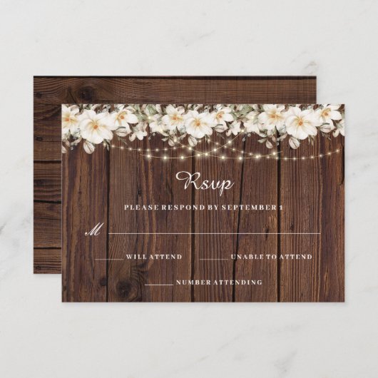 Rustic Leaf String Lights Hout Wedding RSVP (Voorkant / Achterkant)