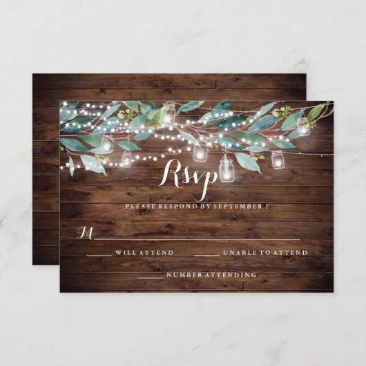 Rustic Leaf String Lights Hout Wedding RSVP (Voorkant / Achterkant)