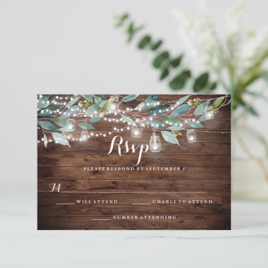 Rustic Leaf String Lights Hout Wedding RSVP Kaartje (Staand voorkant)