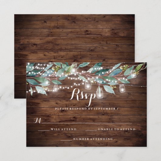 Rustic Leaf String Lights Hout Wedding RSVP Kaartje (Voorkant / Achterkant)