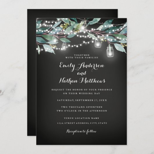 Rustic Leaf String Lights Huwelijksuitnodiging Kaart (Voorkant / Achterkant)