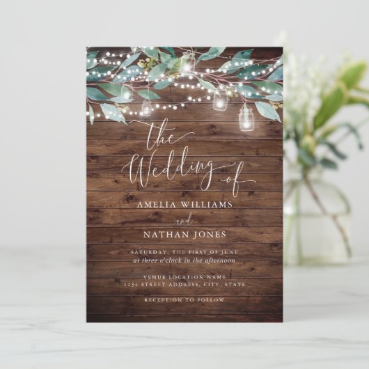 Rustic Leaf String Lights Huwelijksuitnodiging Kaart (Staand voorkant)