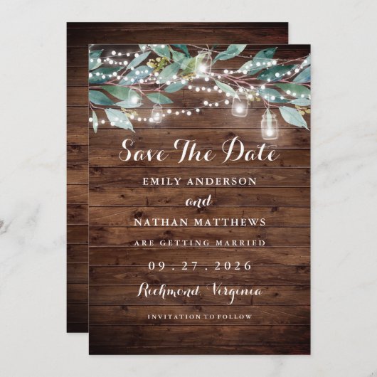 Rustic Leaf String Lights Wood Save The Date (Voorkant / Achterkant)
