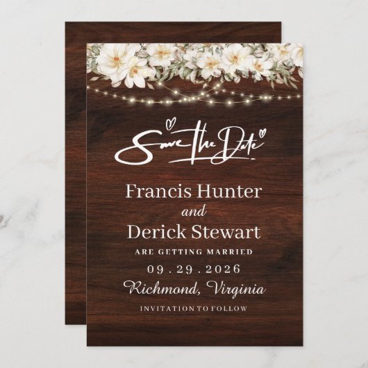 Rustic Leaf String Lights Wood Save The Date Kaart (Voorkant / Achterkant)