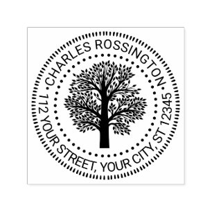 Rustic Leafy Family Tree Rand Naam Retouradres Zelfinktende Stempel
