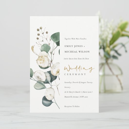 Rustic Leafy Green Eucalyptus Bunch Wedding Invite Bedankkaart (Staand voorkant)
