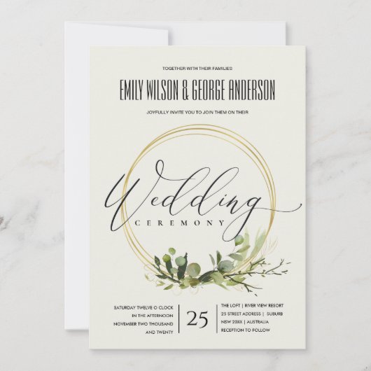 RUSTIC LEAFY GREEN GOLD FOLIAGE WATERVERF WEDDING KAART (Voorkant)