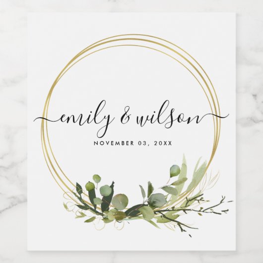 RUSTIC LEAFY GREEN GOLD FOLIAGE WATERVERF WEDDING WIJN ETIKET (Enkel label)