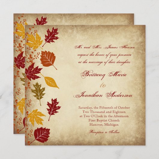 Rustic Leaves Autumn Fall Wedding Invitations Kaart (Voorkant / Achterkant)