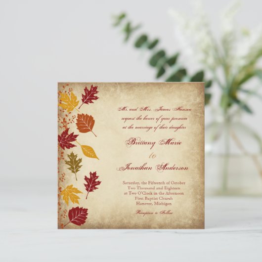 Rustic Leaves Autumn Fall Wedding Invitations Kaart (Staand voorkant)