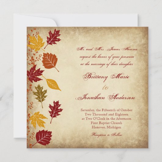 Rustic Leaves Autumn Fall Wedding Invitations Kaart (Voorkant)