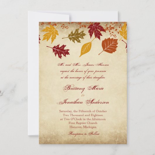 Rustic Leaves Autumn Fall Wedding Invitations Kaart (Voorkant)