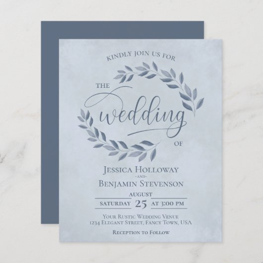 Rustic Leaves Dusty Blue BUDGET Wedding Invite (Voorkant / Achterkant)