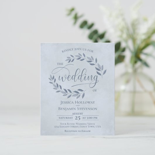 Rustic Leaves Dusty Blue BUDGET Wedding Invite (Staand voorkant)