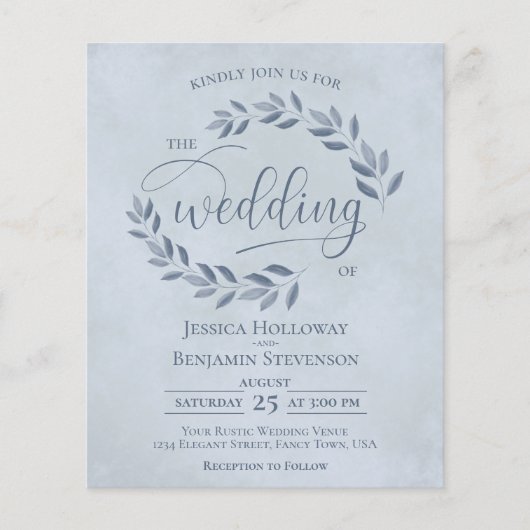 Rustic Leaves Dusty Blue BUDGET Wedding Invite (Voorkant)