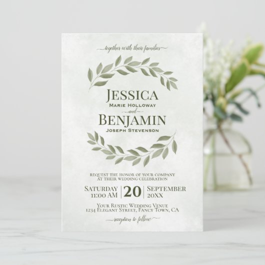 Rustic Leaves Elegant Sage & Olive Green Wedding Kaart (Staand voorkant)