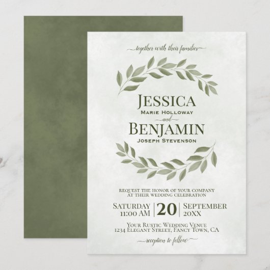 Rustic Leaves Elegant Sage & Olive Green Wedding Kaart (Voorkant / Achterkant)