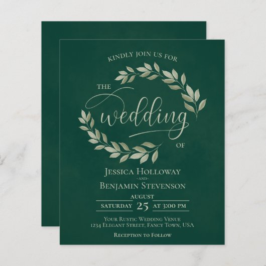 Rustic Leaves Emerald Green BUDGET Wedding Invite (Voorkant / Achterkant)