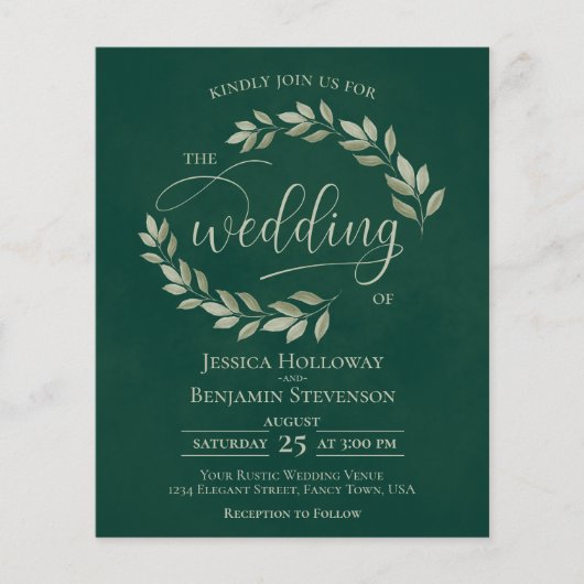 Rustic Leaves Emerald Green BUDGET Wedding Invite (Voorkant)