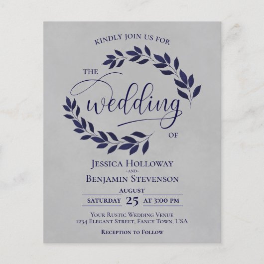 Rustic Leaves Navy Blue Grey BUDGET Weddenschap (Voorkant)