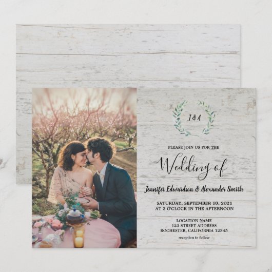 Rustic leaves on barn wood monogram photo Wedding Kaart (Voorkant / Achterkant)