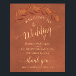 Rustic Leaves on Terracotta Wedding Welcome Sign Poster<br><div class="desc">Dit mooie teken is een prachtige manier om gasten welkom te heten bij je trouwfeest. Het kenmerkt een eenvoudig maar elegant ontwerp met een gemarmerde terracotta achtergrond, fancy manuscriptkalligrafie en een sprig van de bladeren van de waterverf in schaduwen van roest oranje en verbrand aantal. De kleuren zijn perfect voor...</div>