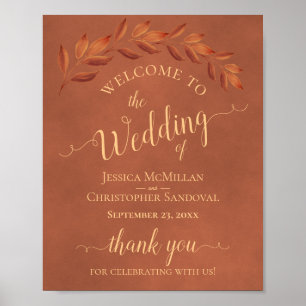 Rustic Leaves on Terracotta Wedding Welcome Sign Poster