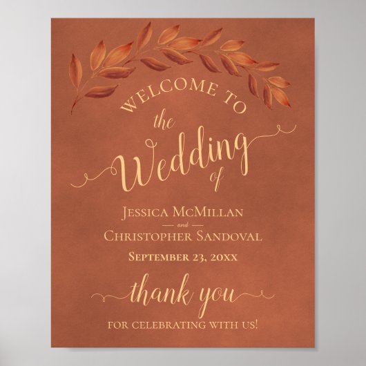 Rustic Leaves on Terracotta Wedding Welcome Sign Poster (Voorkant)