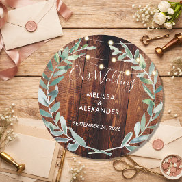 Rustic leaves on wood string lights wedding ronde sticker