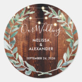Rustic leaves on wood string lights wedding ronde sticker (Voorkant)