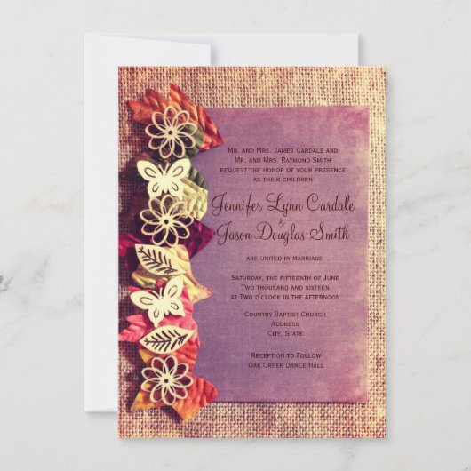 Rustic Leaves Paarse Fall Wedding Invitations Kaart (Voorkant)