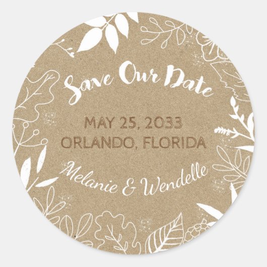 Rustic Leaves Wedding Save the Date Ronde Sticker (Voorkant)