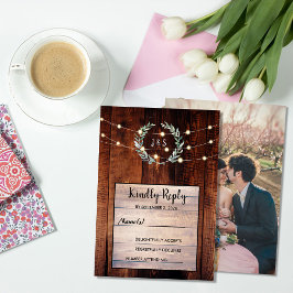 Rustic leaves wood string lights Wedding RSVP  Kaart
