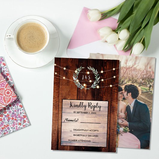 Rustic leaves wood string lights Wedding RSVP  Kaart