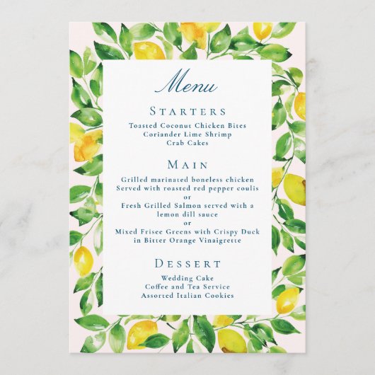Rustic Lemon en Greenery Wedding Menu (Voorkant)