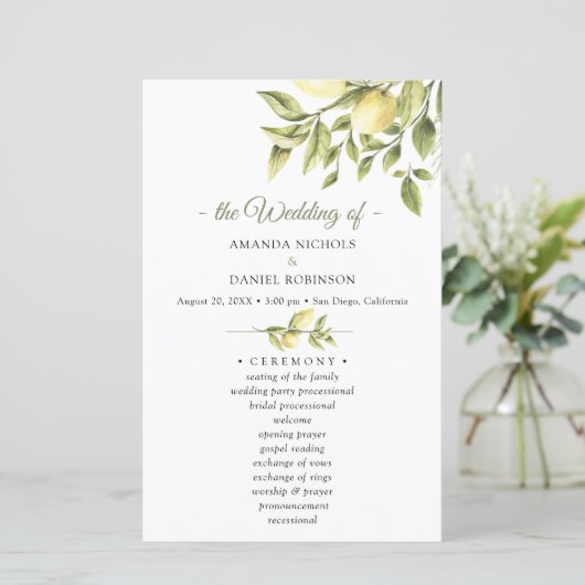 Rustic Lemon Greenery Wedding Ceremony Program (Staand voorkant)