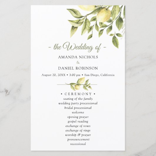 Rustic Lemon Greenery Wedding Ceremony Program (Voorkant)