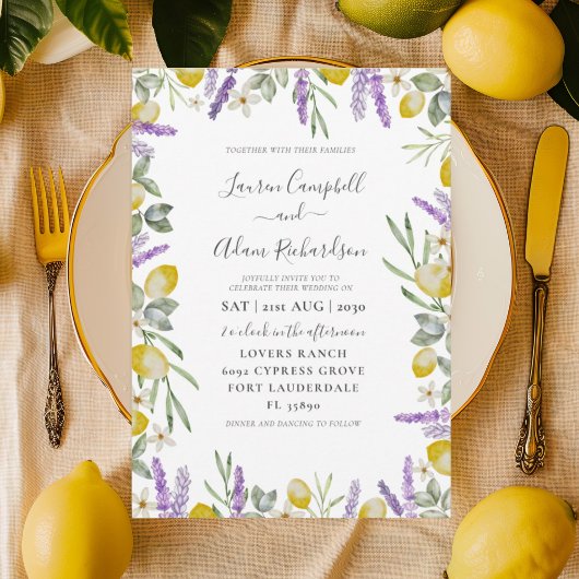 Rustic Lemon & Lavender Foliage Wedding Uitnodigin Kaart