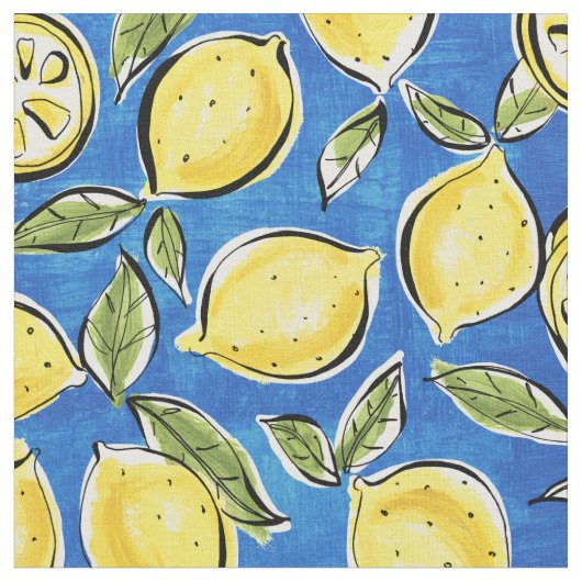 Rustic Lemon Pattern Blue Stof (Close Up)