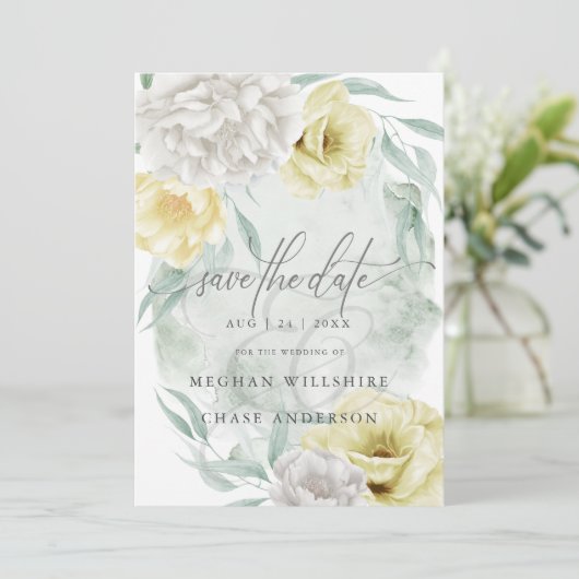 Rustic Lemon Yellow Ivory Peony Flowers Kaart (Staand voorkant)